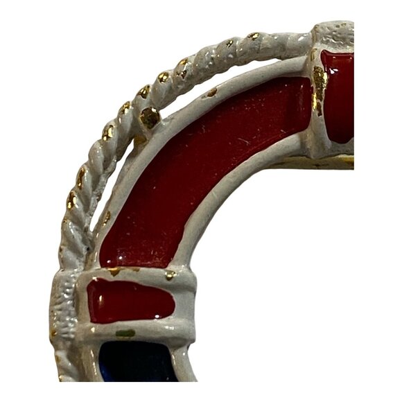Vtg Nautical Life Preserver Beach Brooch Red White Blue Gold Tone Enamel Pin - Picture 11 of 11